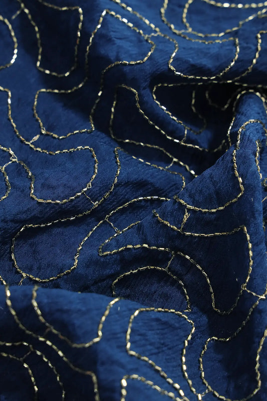 AIzaSyBcstauz-XMPRhEY21AUzeo032pxrXB5Ug - Cut Dana Beads Appealing Abstract Embroidery Work On Navy Blue Chinnon Chiffon Fabric