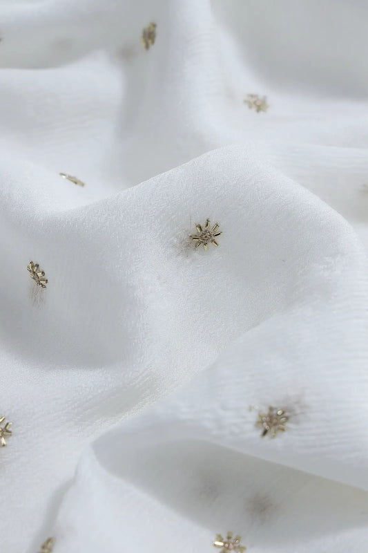 AIzaSyBcstauz-XMPRhEY21AUzeo032pxrXB5Ug - Gold Beads Cut Dana Motif Embroidery Work On White Dyeable Chinnon Chiffon Fabric