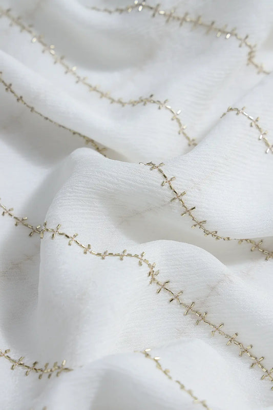 AIzaSyBcstauz-XMPRhEY21AUzeo032pxrXB5Ug - Gold Beads Cut Dana Stripes Embroidery Work On Dyeable White Chinnon Chiffon Fabric