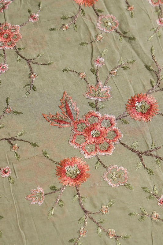AIzaSyBcstauz-XMPRhEY21AUzeo032pxrXB5Ug - Gold Sequins With Thread Embroidery Work On Light Olive Organic Cotton Fabric