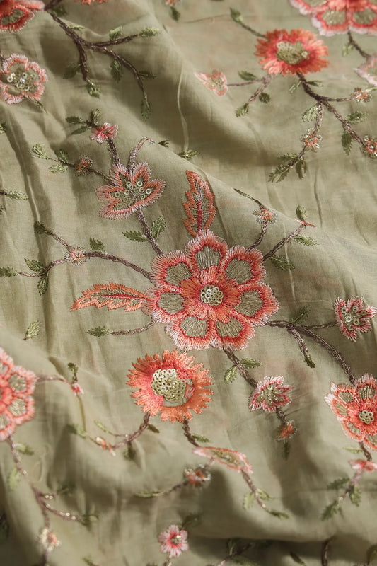 AIzaSyBcstauz-XMPRhEY21AUzeo032pxrXB5Ug - Gold Sequins With Thread Embroidery Work On Light Olive Organic Cotton Fabric