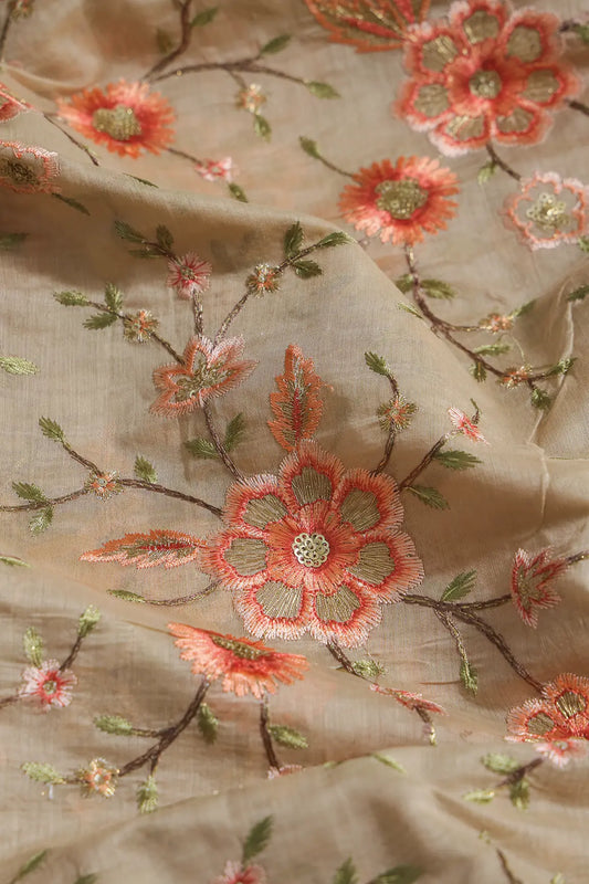 AIzaSyBcstauz-XMPRhEY21AUzeo032pxrXB5Ug - Gold Sequins With Thread Embroidery Work On Sand Beige Chanderi Fabric