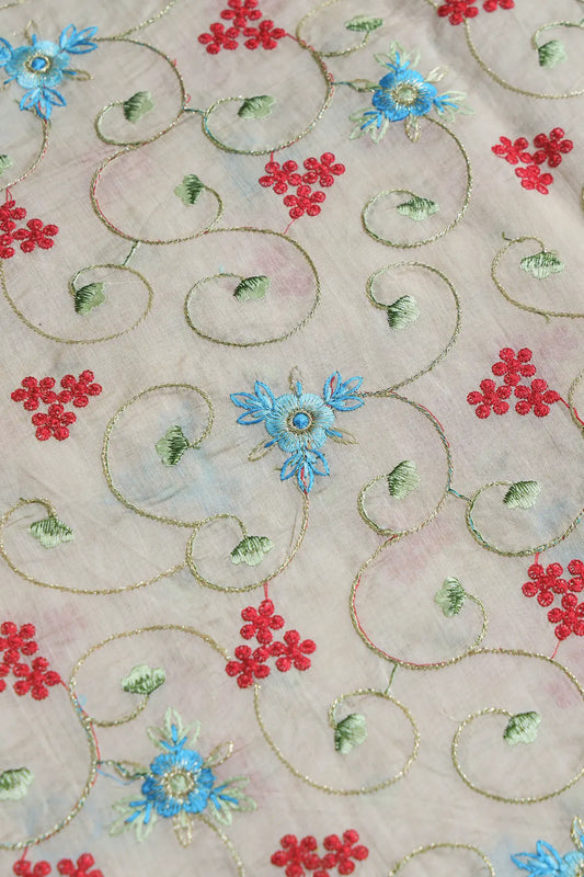 AIzaSyBcstauz-XMPRhEY21AUzeo032pxrXB5Ug - Beautiful Floral Embroidery Work On Off White Chanderi Fabric