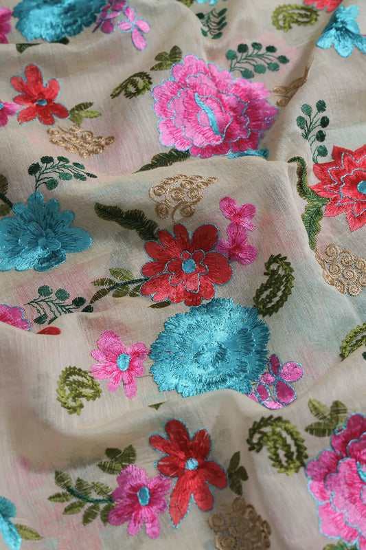 AIzaSyBcstauz-XMPRhEY21AUzeo032pxrXB5Ug - Beautiful Multi Color Thread Embroidery Work On Off White Chanderi Fabric