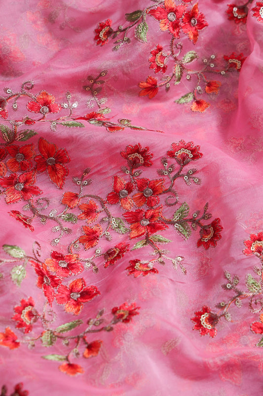 AIzaSyBcstauz-XMPRhEY21AUzeo032pxrXB5Ug - Gold Sequins With Thread Floral Embroidery On Pink Organza Fabric