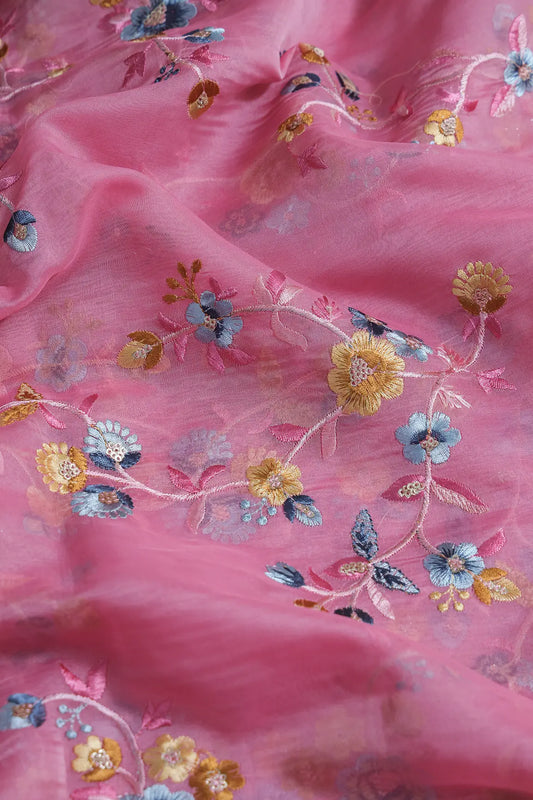 AIzaSyBcstauz-XMPRhEY21AUzeo032pxrXB5Ug - Gold Sequins With Thread Floral Embroidery On Pink Organza Fabric