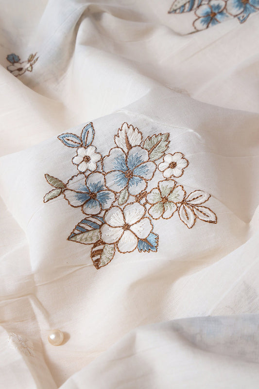 Rama And Olive Thread Floral Embroidery On Off White Organic Cotton Fabric
