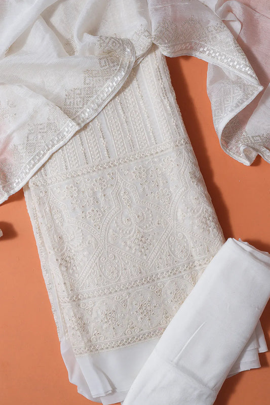 AIzaSyBcstauz-XMPRhEY21AUzeo032pxrXB5Ug - Dyeable Lucknowi Unstitched Pure Viscose Georgette Suit Set (3 piece)