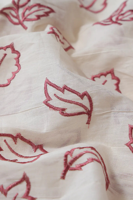 AIzaSyBcstauz-XMPRhEY21AUzeo032pxrXB5Ug - Beautiful Mauve Leafy Embroidery On Off White Organic Cotton Fabric