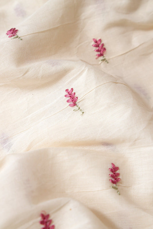 Mauve Small Leafy Embroidery On Off White Pure Cotton Fabric