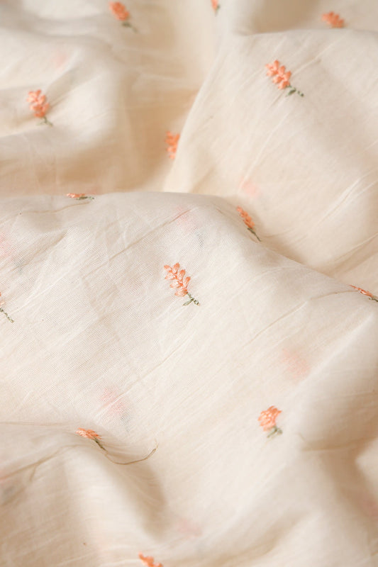 Peach Small Leafy Embroidery On Off White Pure Cotton Fabric