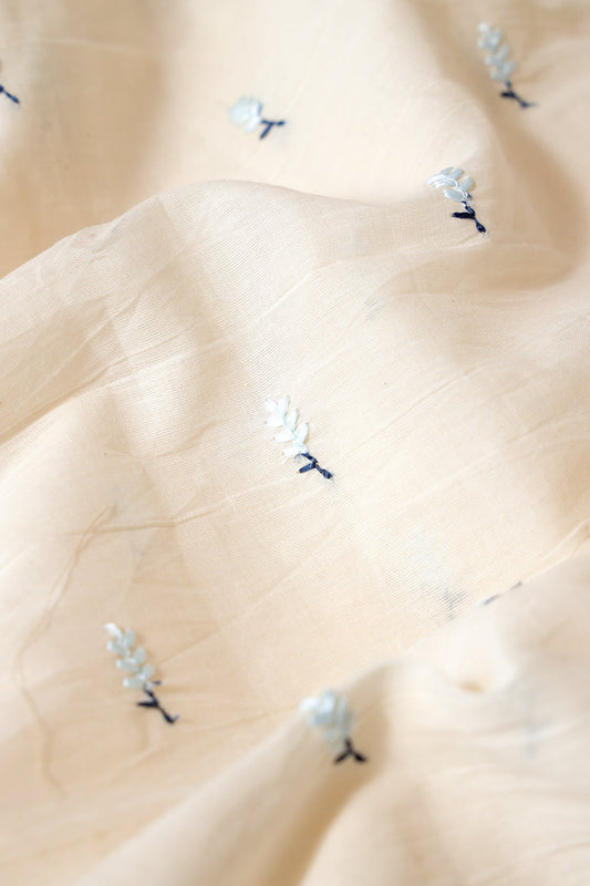 Sky Blue Small Leafy Embroidery On Off White Pure Cotton Fabric