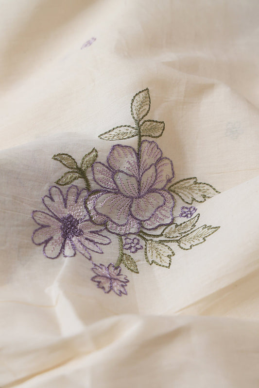 Purple And Olive Thread beautiful Floral Embroidery On Off White Organic Cotton Fabric