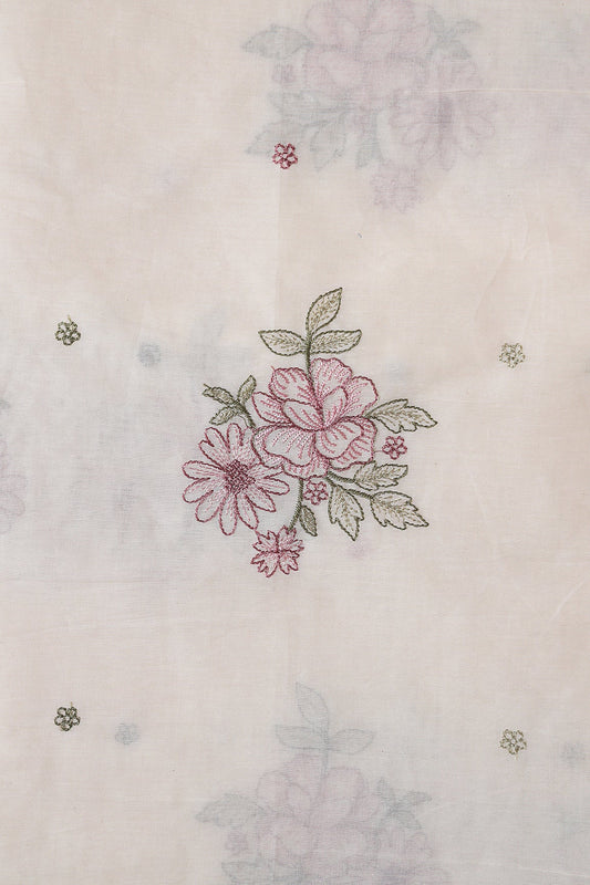 Mauve And Olive Thread beautiful Floral Embroidery On Off White Organic Cotton Fabric