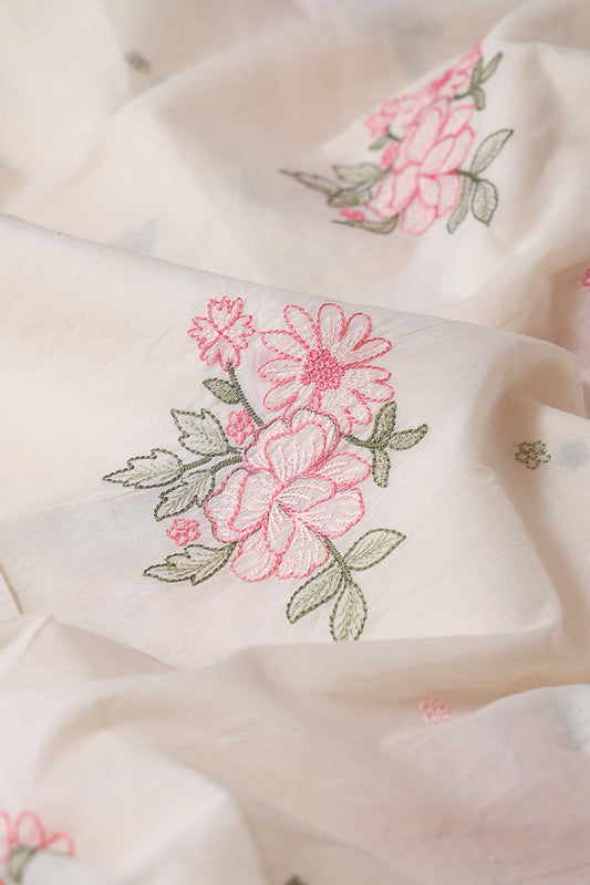 Pink And Olive Thread Floral Embroidery On Off White Organic Cotton Fabric