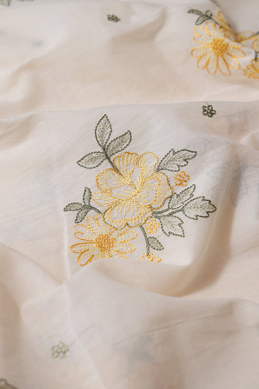 Mustard And Olive Thread beautiful Floral Embroidery On Off White Organic Cotton Fabric