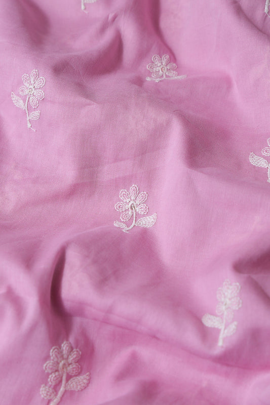White Thread Small Floral Embroidery On Lilac Pure Mul Cotton Fabric