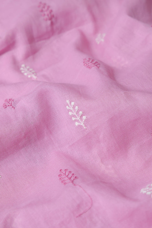 Lilac And White Thread Leafy Embroidery On Lilac Pure Mul Cotton Fabric