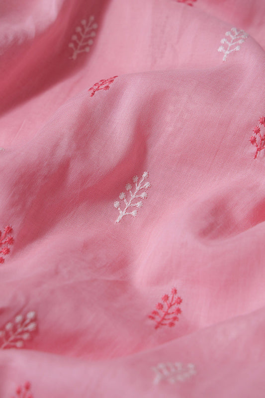 Pink And White Thread Leafy Embroidery On Pink Pure Mul Cotton Fabric