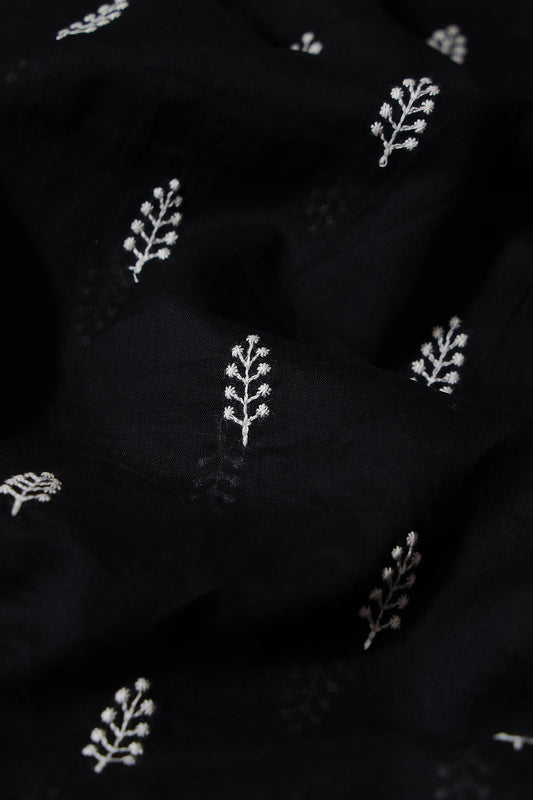 White Thread Leafy Embroidery On Black Pure Mul Cotton Fabric