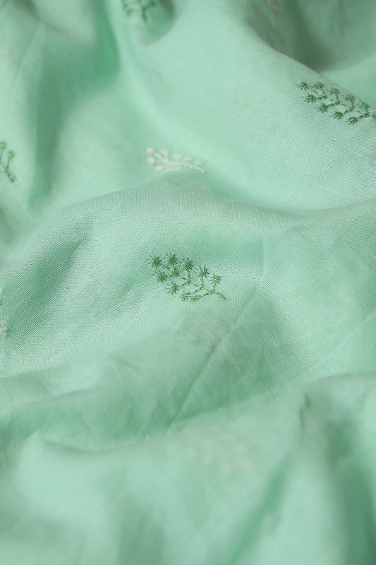 Olive And White Thread Leafy Embroidery On Sea Green Pure Mul Cotton Fabric