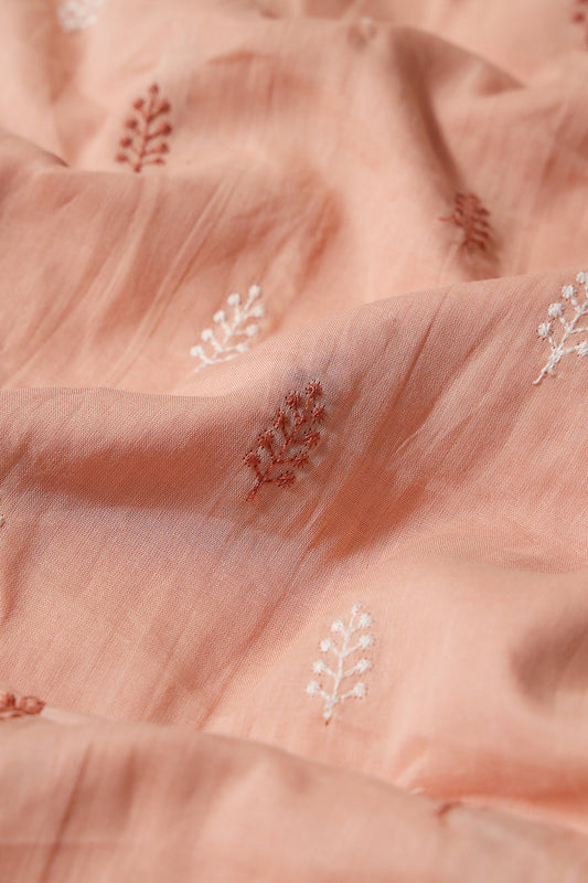 Peach And White Thread Leafy Embroidery On Peach Pure Mul Cotton Fabric