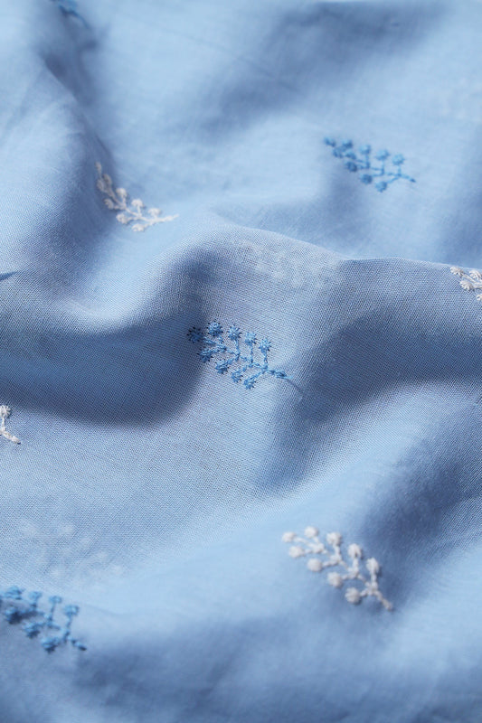 AIzaSyBcstauz-XMPRhEY21AUzeo032pxrXB5Ug - Blue And White Thread Leafy Embroidery On Pastel Blue Pure Mul Cotton Fabric