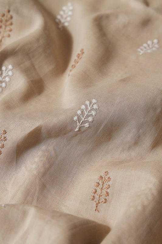 AIzaSyBcstauz-XMPRhEY21AUzeo032pxrXB5Ug - Beige And White Thread Leafy Embroidery On Beige Pure Mul Cotton Fabric