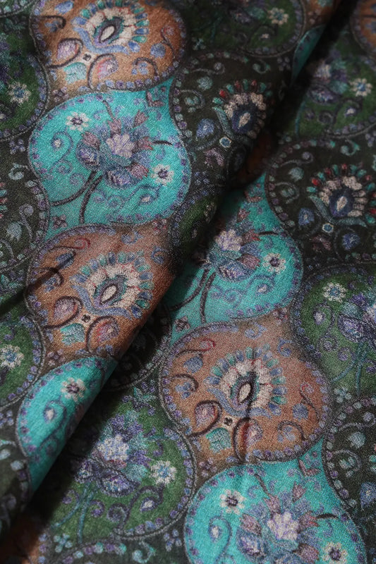 Teal And Green Trellis Pattern Digital Print On Mulberry Silk Fabric