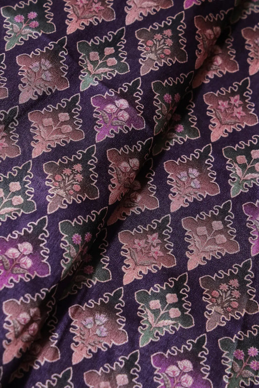 Multi Color Traditional Pattern Digital Print On Purple Mulberry Silk Fabric