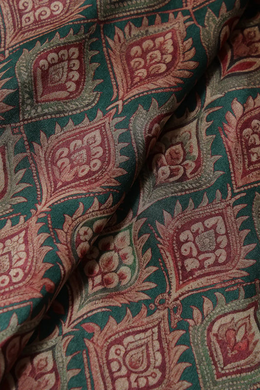 AIzaSyBcstauz-XMPRhEY21AUzeo032pxrXB5Ug - Cream Trellis Pattern Digital Print On Green Mulberry Silk Fabric