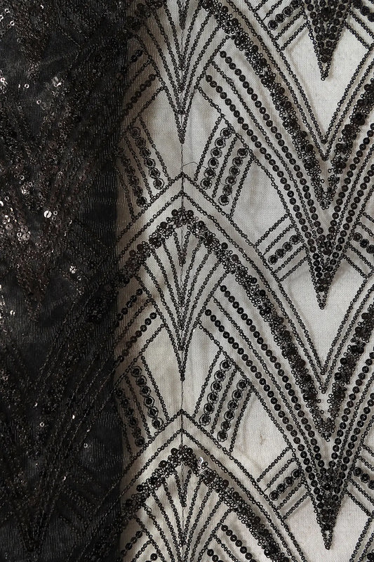 AIzaSyBcstauz-XMPRhEY21AUzeo032pxrXB5Ug - Black Thread With Sequins Geometric Embroidery Work On Black Soft Net Fabric