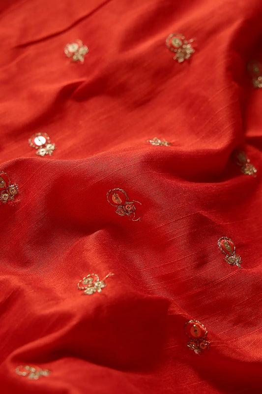 Orange Thread With Gold Sequins Small Floral Booti Embroidery On Orange Raw Silk Fabric