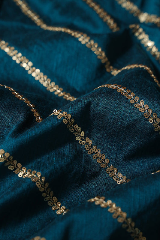AIzaSyBcstauz-XMPRhEY21AUzeo032pxrXB5Ug - Gold Sequins With Gold Zari Stripes Embroidery Work On Rama Raw Silk Fabric