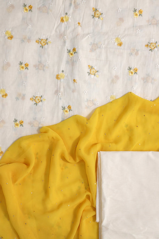 Mustard And Olive Floral Embroidery On Off White Unstitched Suit Set (3 Piece)
