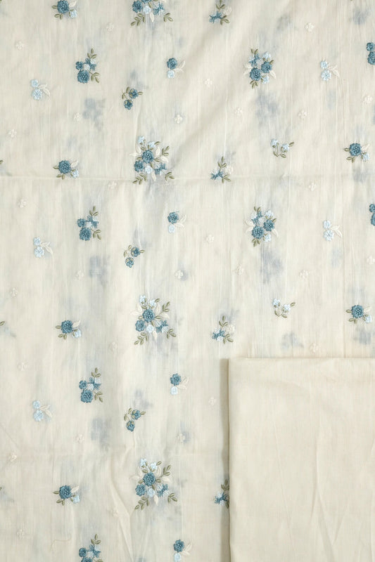Sky Blue And Olive Floral Embroidery On Off White Unstitched Suit Set (2 Piece)