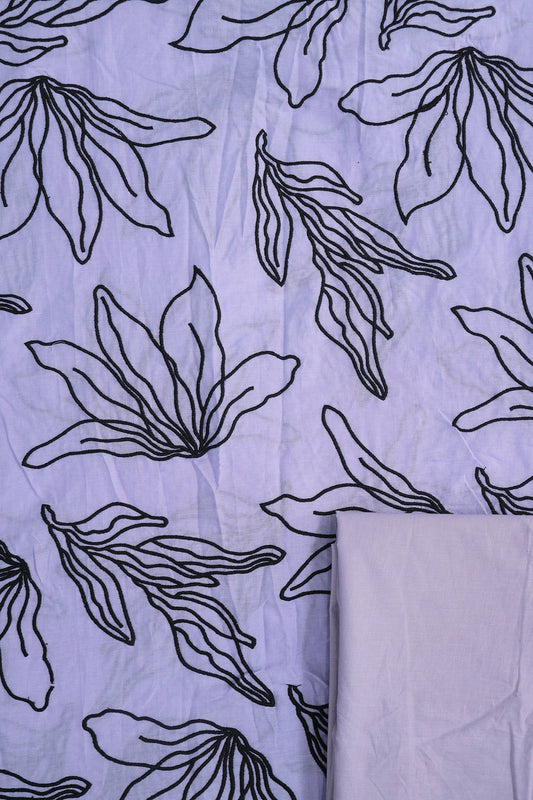 AIzaSyBcstauz-XMPRhEY21AUzeo032pxrXB5Ug - Black Floral Embroidery On Lavender Pure Mul Cotton Unstitched Suit Set (2 Piece)