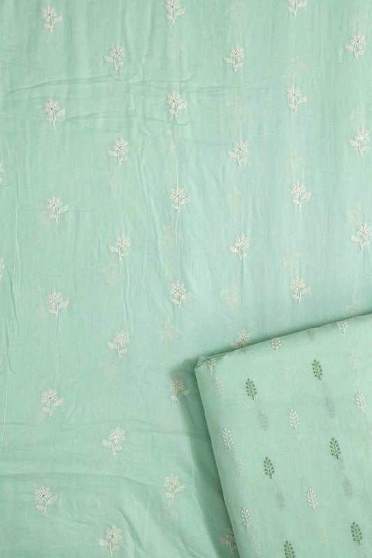 White Floral Embroidery On Sea Green Pure Mul Cotton Unstitched Suit Set (2 Piece)
