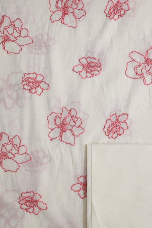 AIzaSyBcstauz-XMPRhEY21AUzeo032pxrXB5Ug - Gajri Pink Floral Embroidery On Off White Cotton Unstitched Suit Set (2 Piece)