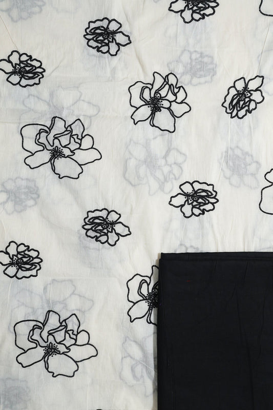 AIzaSyBcstauz-XMPRhEY21AUzeo032pxrXB5Ug - Black Floral Embroidery On Off White Cotton Unstitched Suit Set (2 Piece)