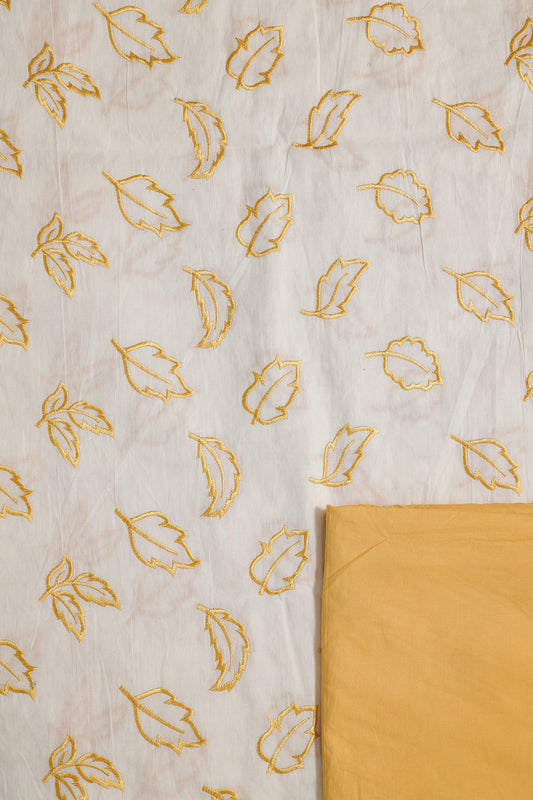 Mustard Leafy Embroidery On Off White Cotton Unstitched Suit Set (2 Piece)