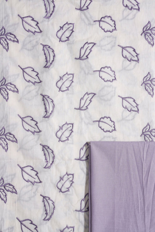 AIzaSyBcstauz-XMPRhEY21AUzeo032pxrXB5Ug - Lavender Leafy Embroidery On Off White Cotton Unstitched Suit Set (2 Piece)