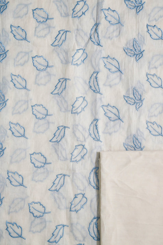 AIzaSyBcstauz-XMPRhEY21AUzeo032pxrXB5Ug - Blue Leafy Embroidery On Off White Cotton Unstitched Suit Set (2 Piece)