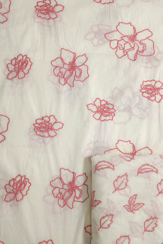 AIzaSyBcstauz-XMPRhEY21AUzeo032pxrXB5Ug - Gajri Pink Leafy Embroidery On Off White Cotton Unstitched Suit Set (2 Piece)