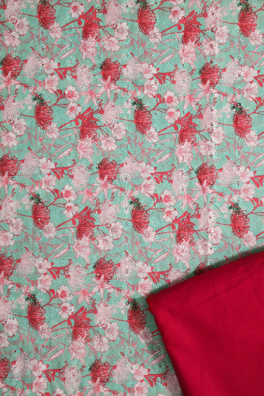 Sea Green And Red Hakoba Cotton Unstitched Suit Set (2 Piece)