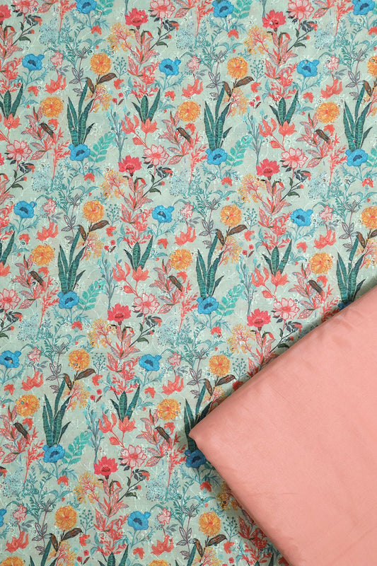 Sea Green And Pink Cotton Unstitched Suit Set (2 Piece)