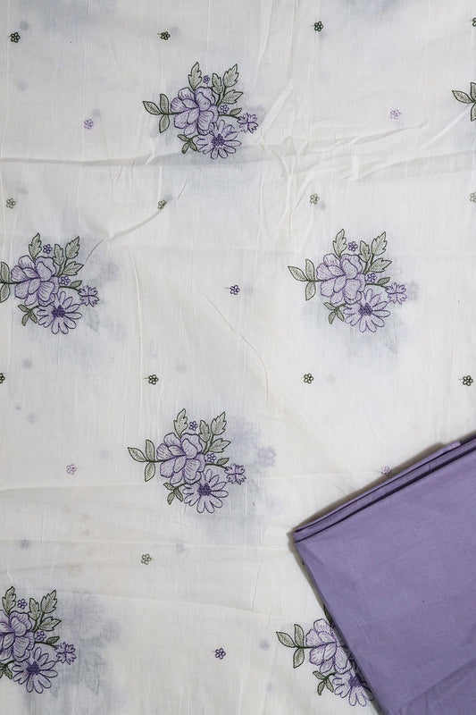 Purple And Olive Floral Embroidery On Off White Unstitched Suit Set (2 Piece)