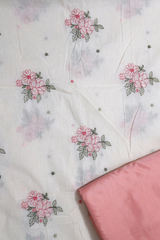 Pink And Olive Embroidery On Off White Organic Cotton Unstitched Suit Set (2 Piece)