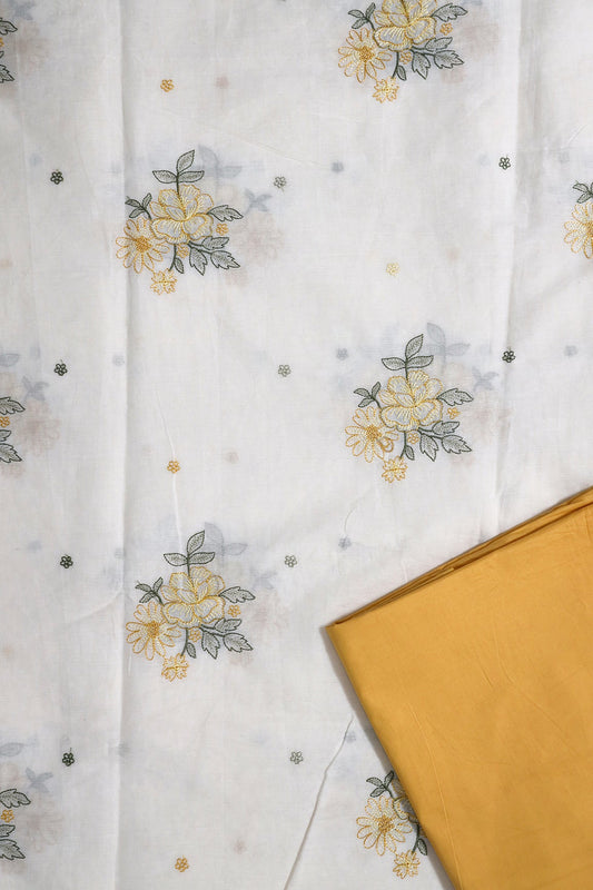 Mustard And Olive Embroidery On Off White Organic Cotton Unstitched Suit Set (2 Piece)