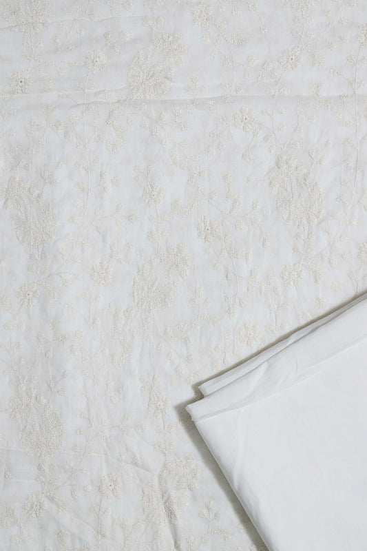 White Thread Paisley Embroidery On White Unstitched Suit Set (2 Piece)